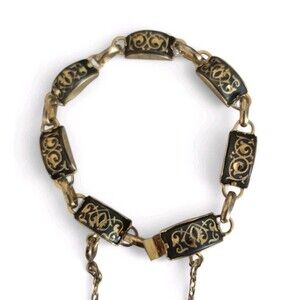 Vintage Gold Tone DAMASCENE Link Bracelet Mid Century BLACK Spain 6"